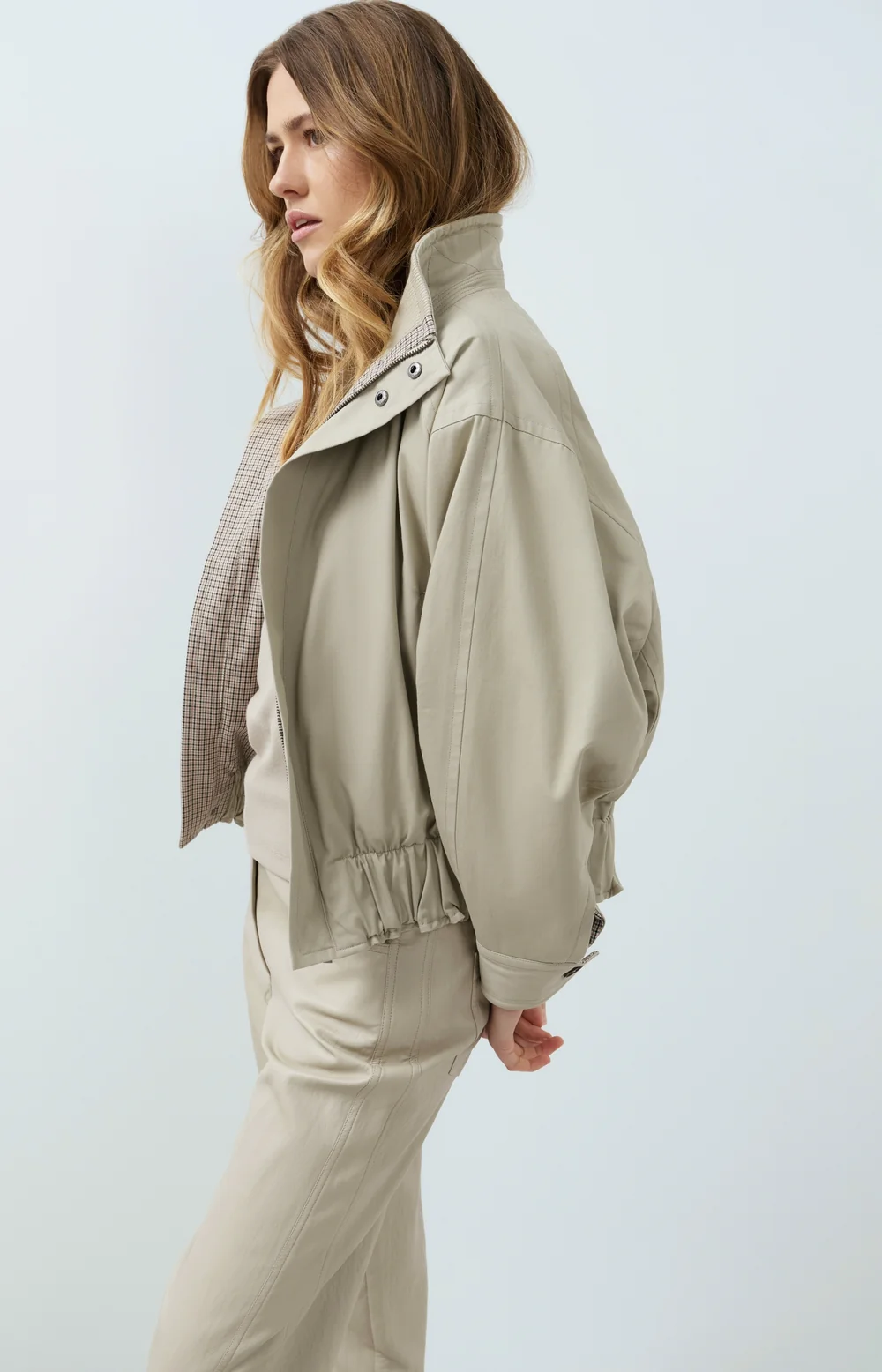 Chaqueta Extragrande Con Cuello Alto Cachemira Pura Gris